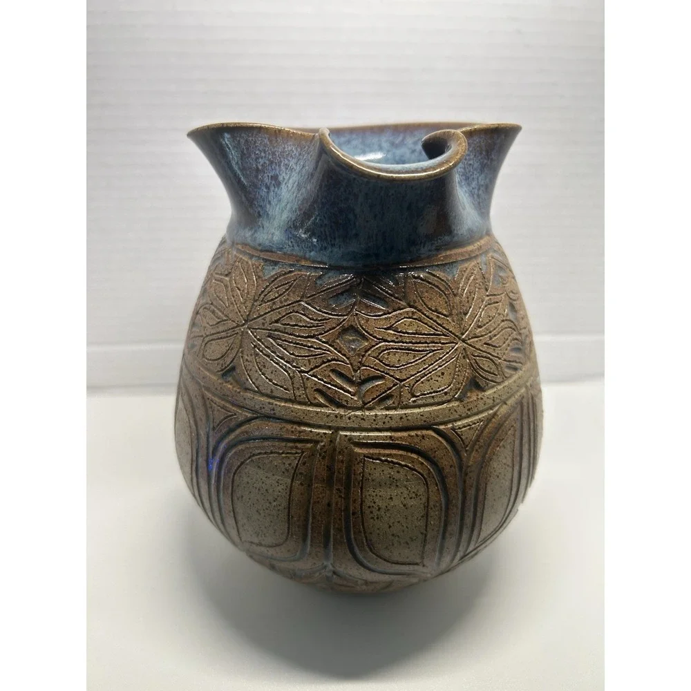 Susan Brown Freeman Incised Monstera Studio Pottery Pitcher 7 1/2